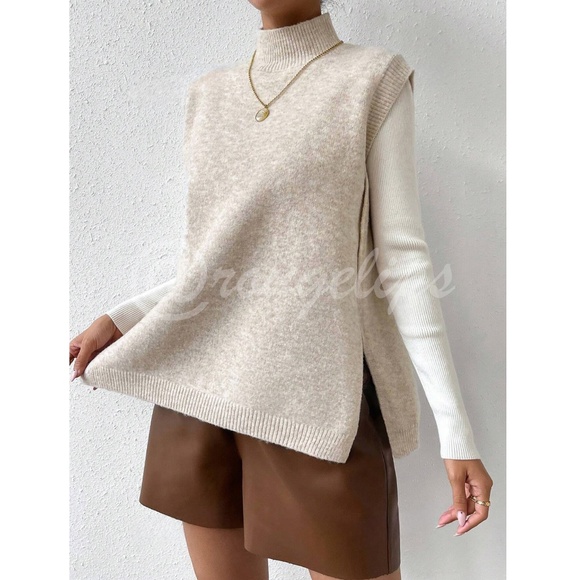Beige High Neck Knit Vest Sleeveless Sweater Top Side Slits - Picture 6 of 14